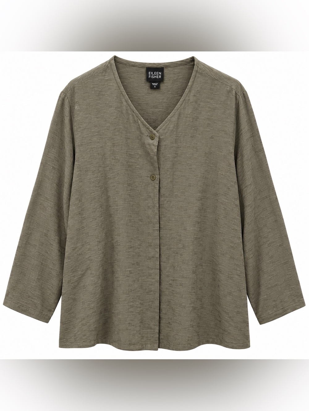 Eileen Fisher Women’s S Olive Green Silk Linen Tunic Top Button Front